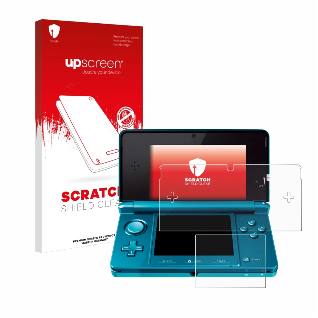 Parte frontale di una confezione del prodotto con il logo del marchio upscreen. Accanto è raffigurato il dispositivo Nintendo