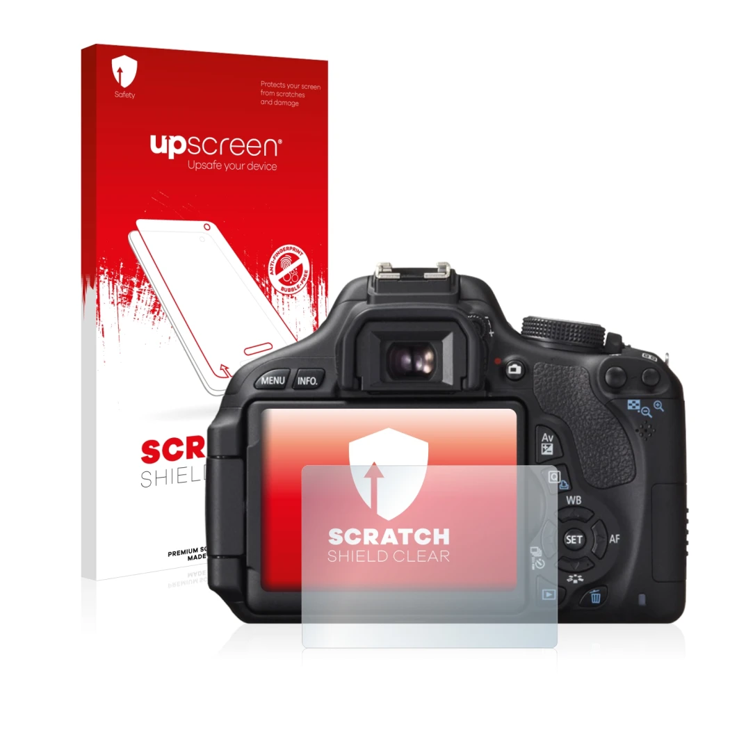 Parte frontale di una confezione del prodotto con il logo del marchio upscreen. Accanto è raffigurato il dispositivo Canon EOS