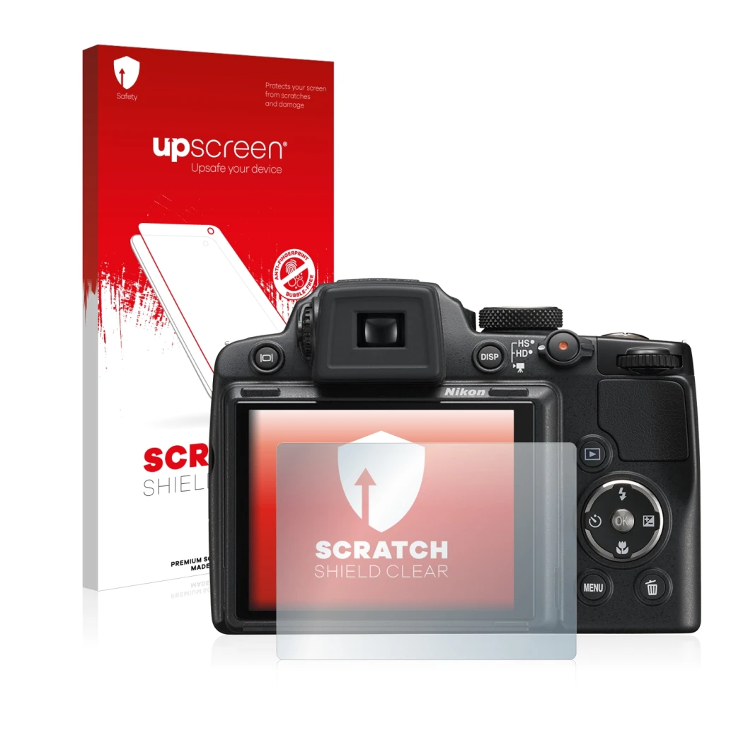 Parte frontale di una confezione del prodotto con il logo del marchio upscreen. Accanto è raffigurato il dispositivo Nikon Coo