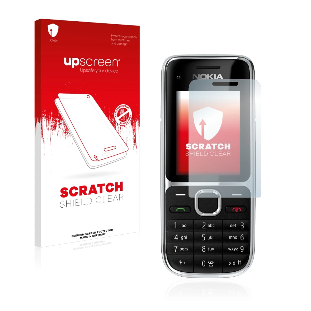 Parte frontale di una confezione del prodotto con il logo del marchio upscreen. Accanto è raffigurato il dispositivo Nokia C2-