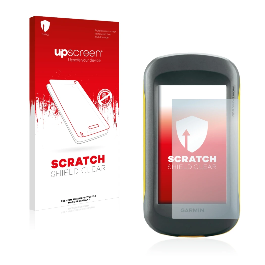 Parte frontale di una confezione del prodotto con il logo del marchio upscreen. Accanto è raffigurato il dispositivo Garmin Mo