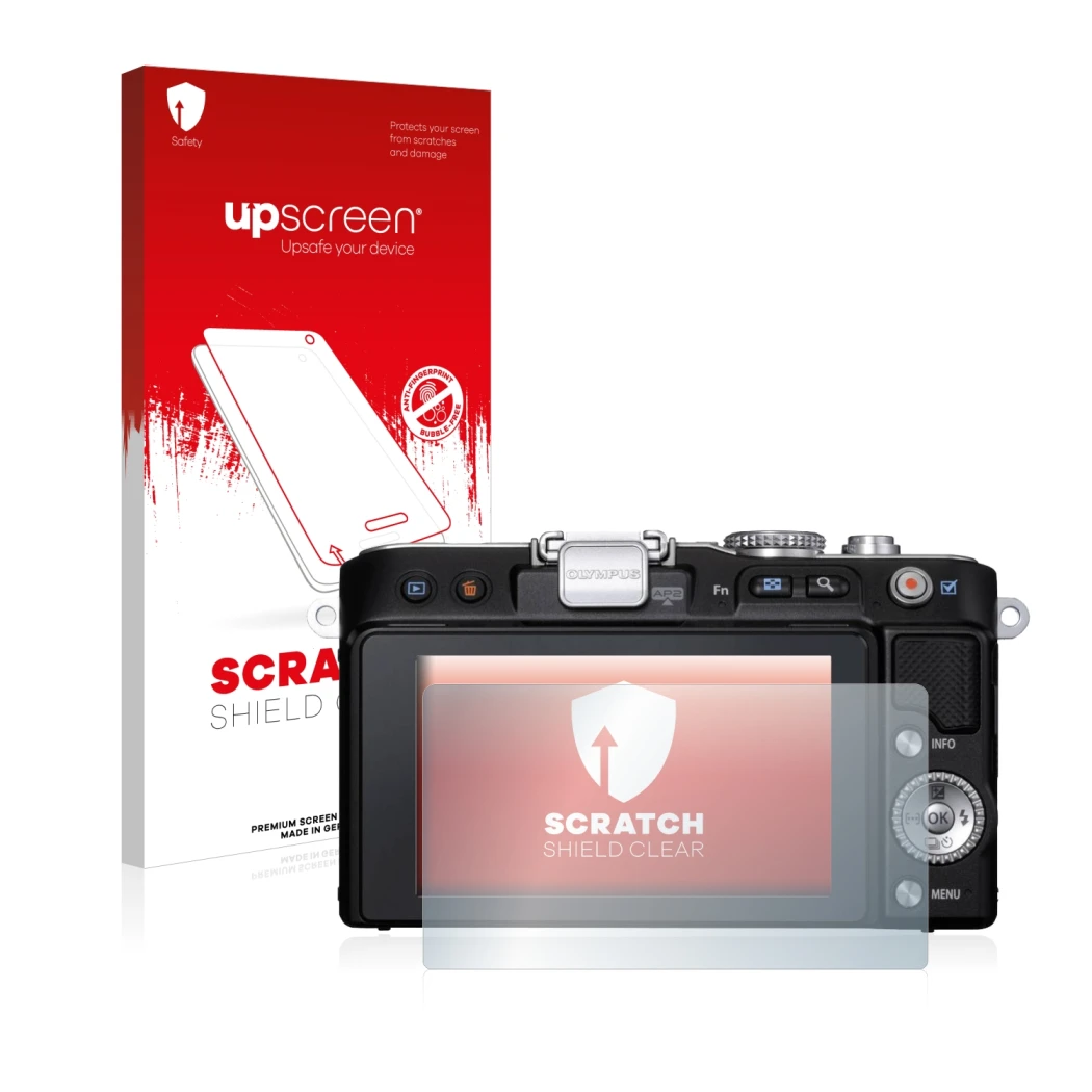 Parte frontale di una confezione del prodotto con il logo del marchio upscreen. Accanto è raffigurato il dispositivo Olympus P