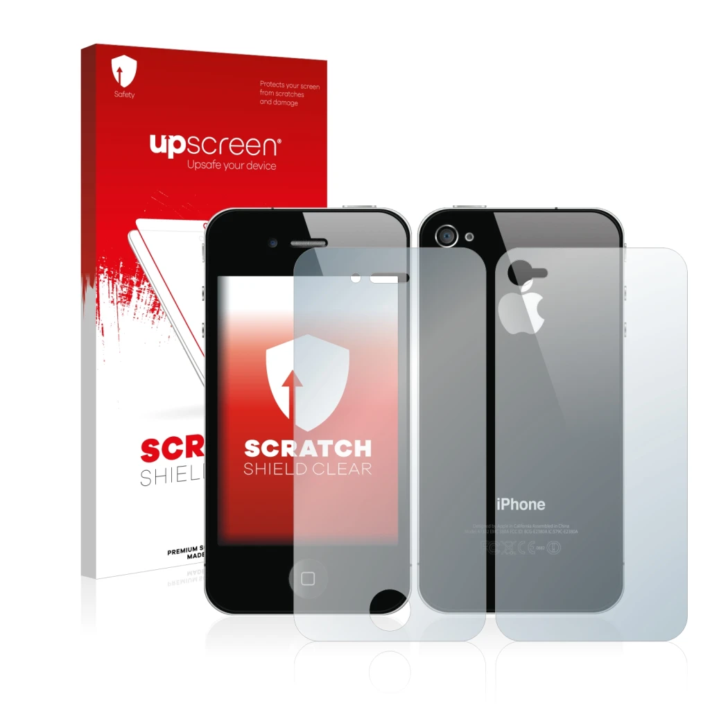 Parte frontale di una confezione del prodotto con il logo del marchio upscreen. Accanto è raffigurato il dispositivo Apple iPh