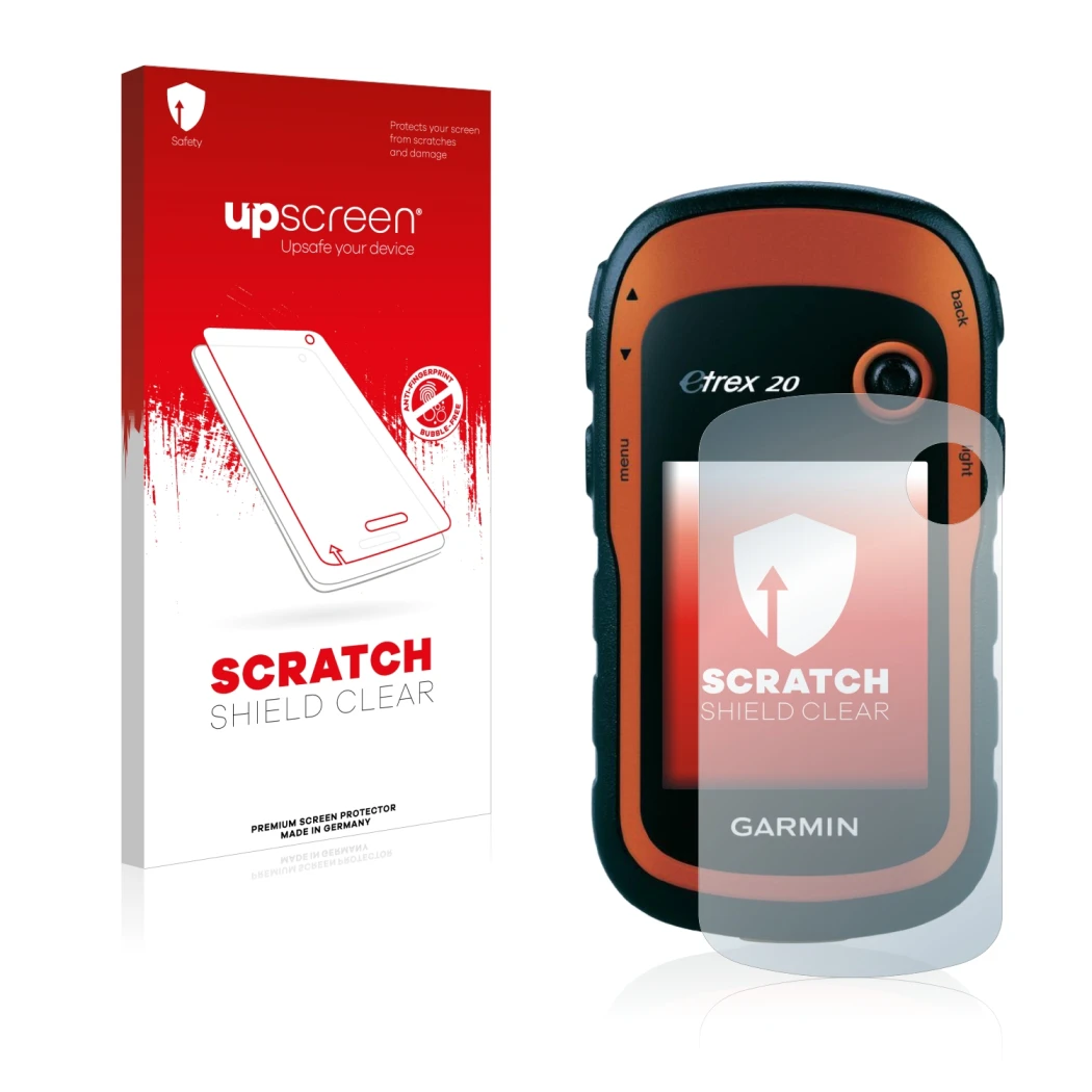 Parte frontale di una confezione del prodotto con il logo del marchio upscreen. Accanto è raffigurato il dispositivo Garmin eT