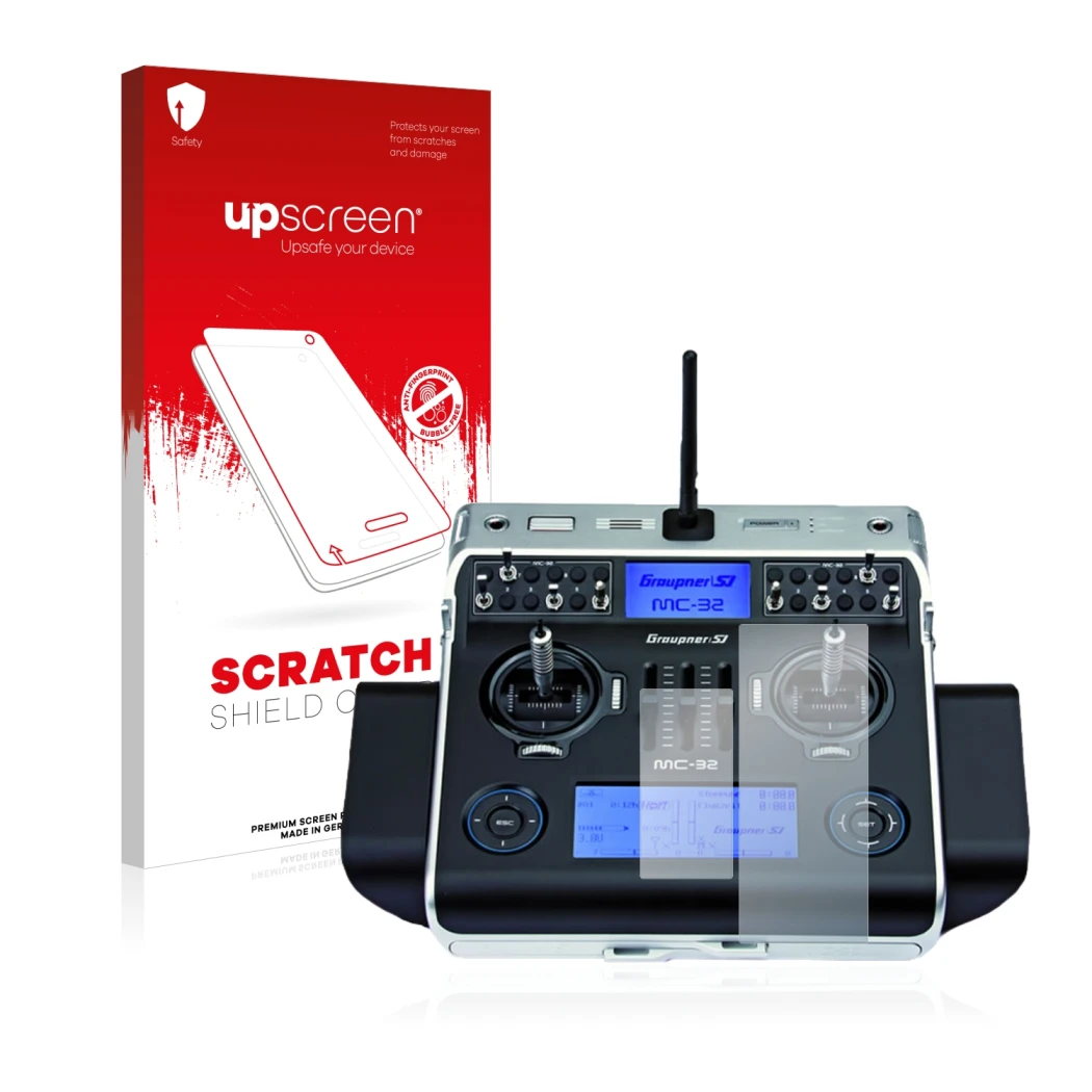 Parte frontale di una confezione del prodotto con il logo del marchio upscreen. Accanto è raffigurato il dispositivo Graupner