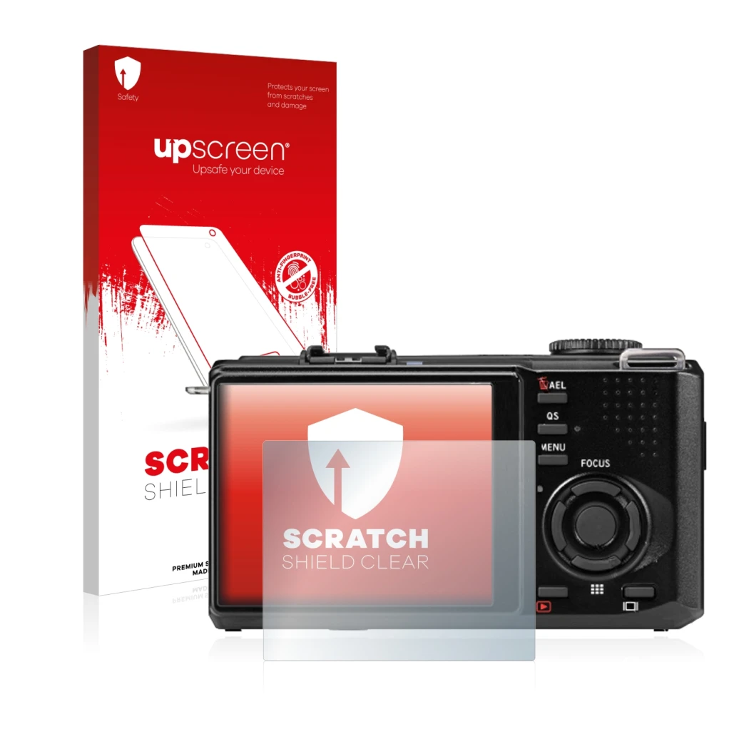 Parte frontale di una confezione del prodotto con il logo del marchio upscreen. Accanto è raffigurato il dispositivo Sigma DP2