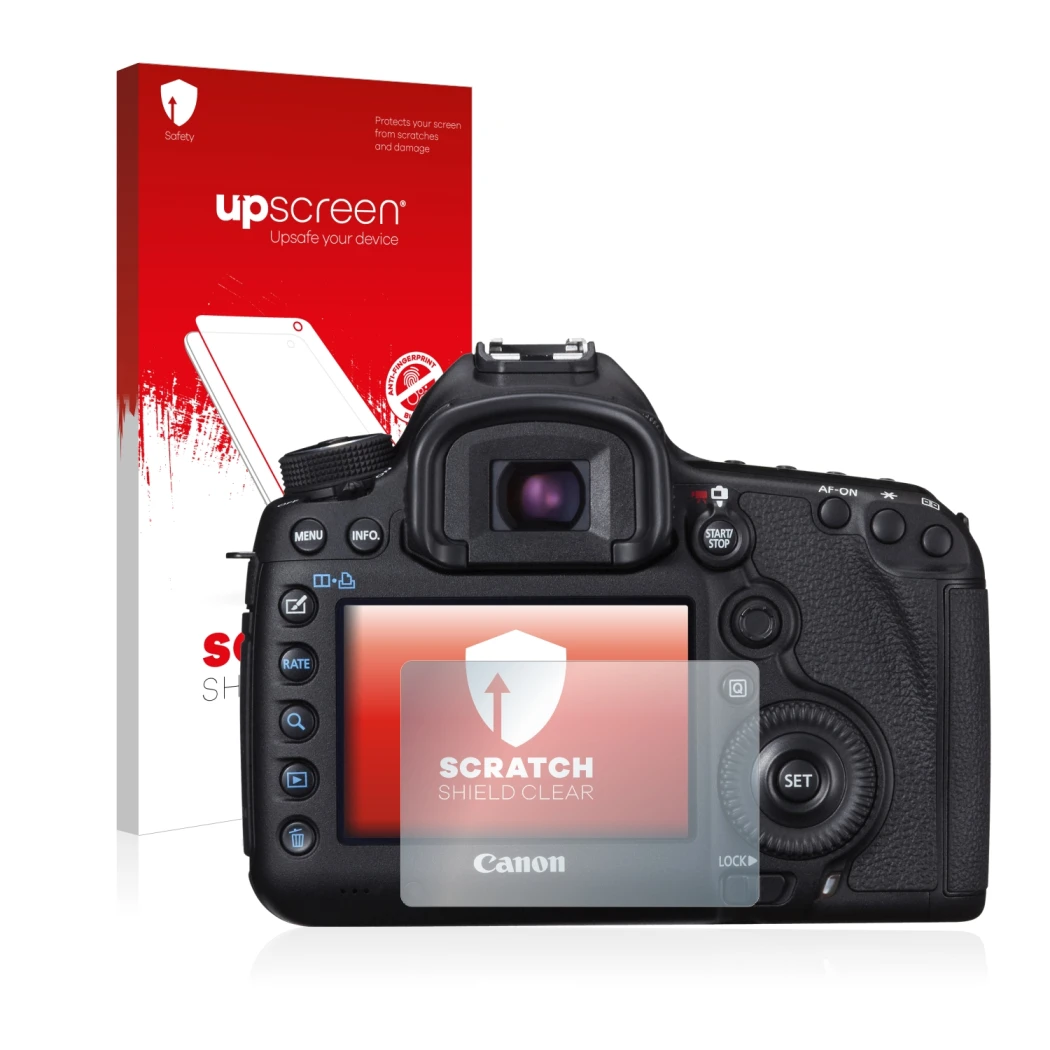Parte frontale di una confezione del prodotto con il logo del marchio upscreen. Accanto è raffigurato il dispositivo Canon EOS