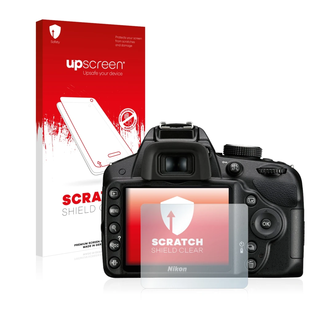 Parte frontale di una confezione del prodotto con il logo del marchio upscreen. Accanto è raffigurato il dispositivo Nikon D32