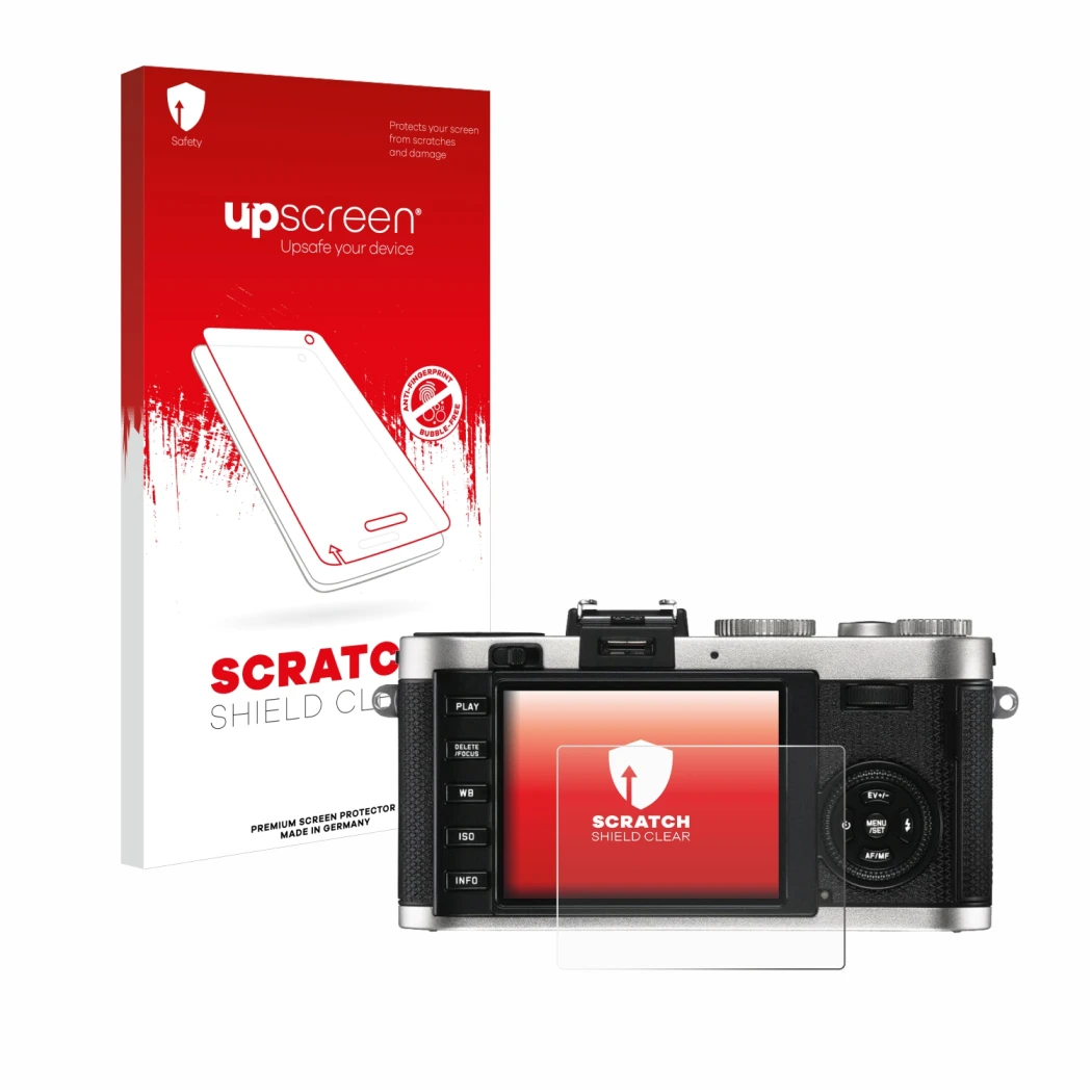 Parte frontale di una confezione del prodotto con il logo del marchio upscreen. Accanto è raffigurato il dispositivo Leica X2