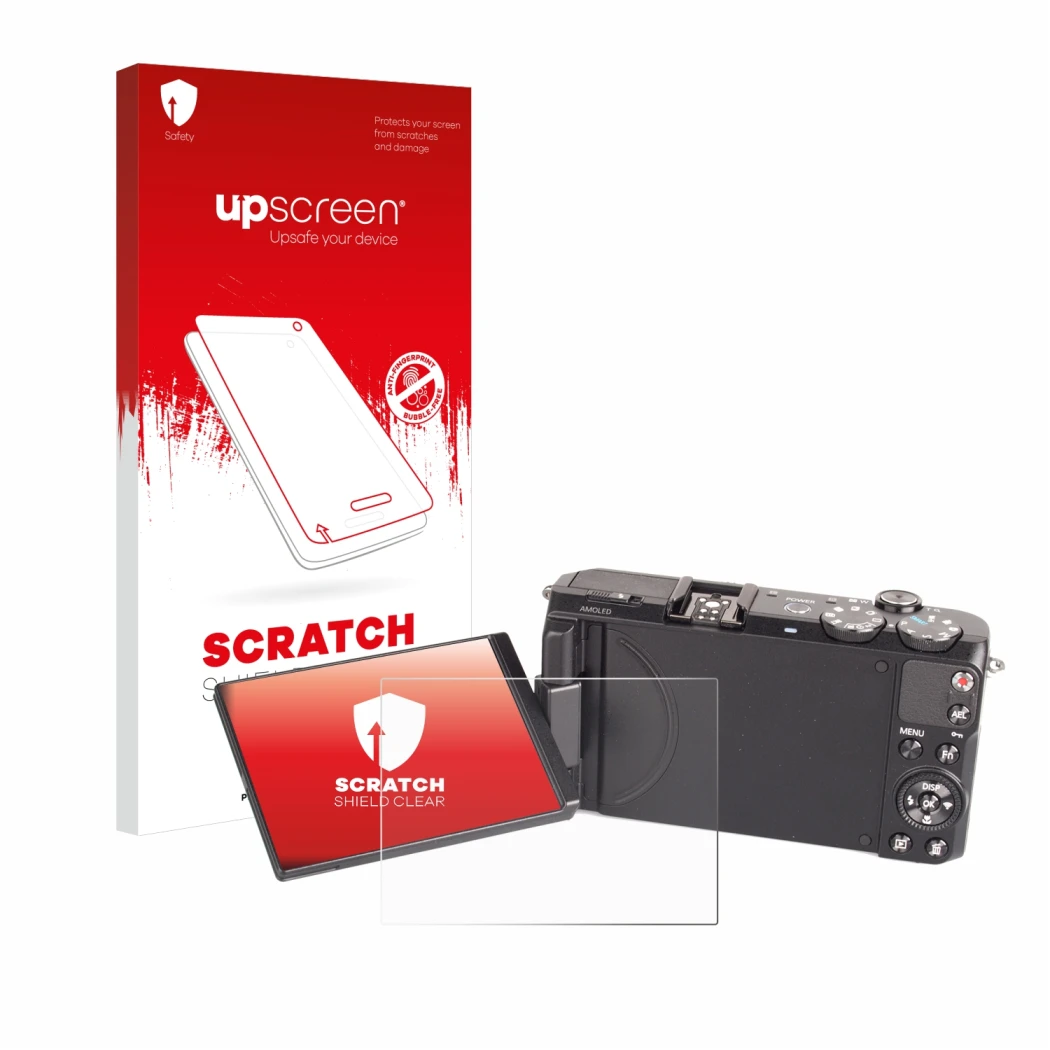 Parte frontale di una confezione del prodotto con il logo del marchio upscreen. Accanto è raffigurato il dispositivo Samsung E