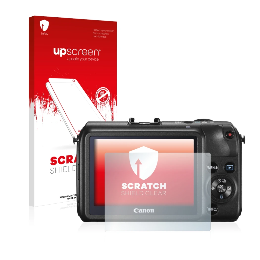 Parte frontale di una confezione del prodotto con il logo del marchio upscreen. Accanto è raffigurato il dispositivo Canon EOS
