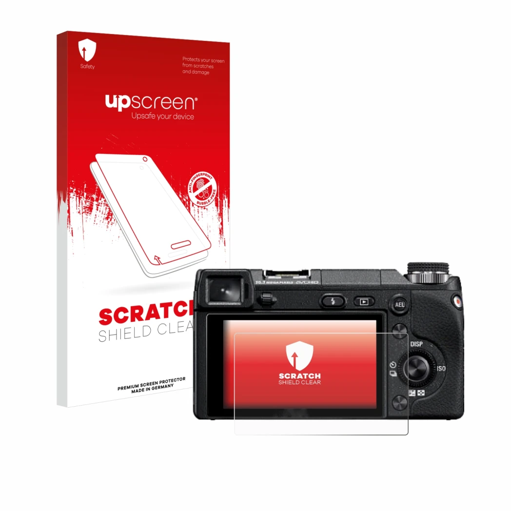 Parte frontale di una confezione del prodotto con il logo del marchio upscreen. Accanto è raffigurato il dispositivo Sony Alph
