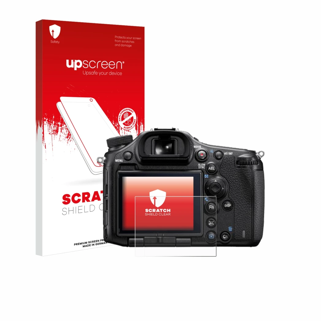 Parte frontale di una confezione del prodotto con il logo del marchio upscreen. Accanto è raffigurato il dispositivo Sony Alph
