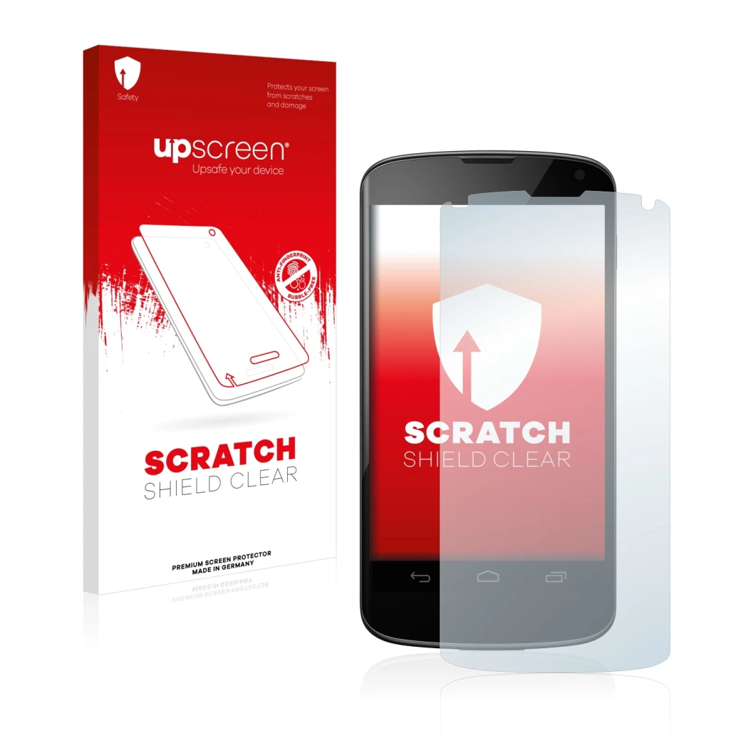 Parte frontale di una confezione del prodotto con il logo del marchio upscreen. Accanto è raffigurato il dispositivo Google Ne