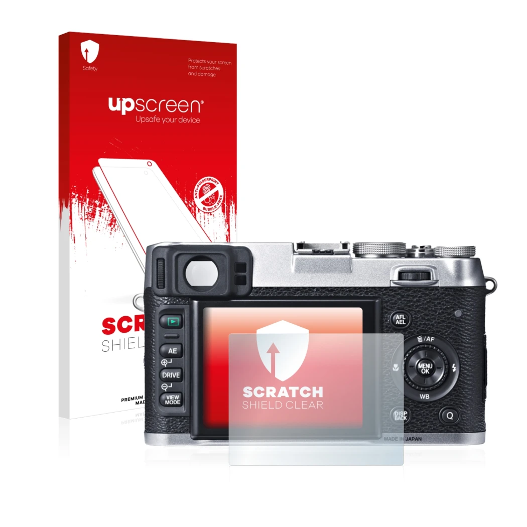 Parte frontale di una confezione del prodotto con il logo del marchio upscreen. Accanto è raffigurato il dispositivo Fujifilm