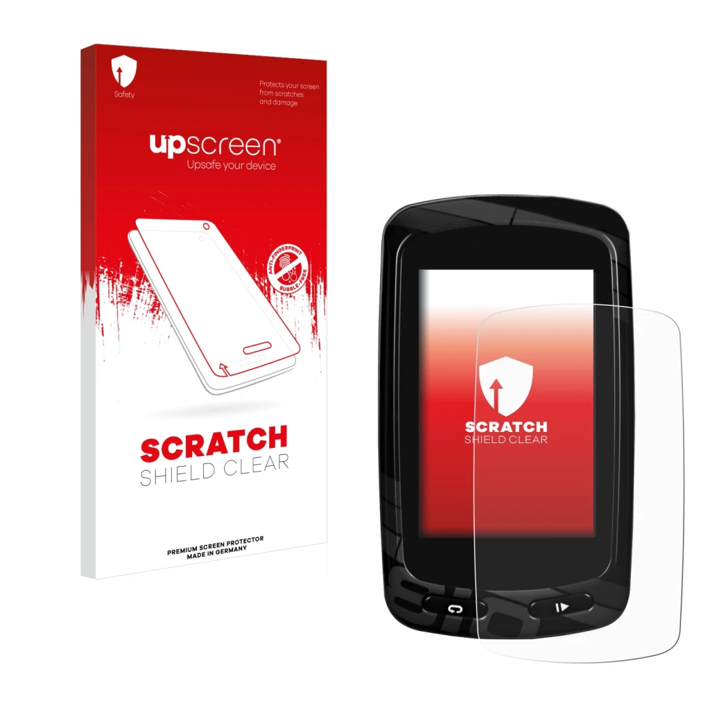 Parte frontale di una confezione del prodotto con il logo del marchio upscreen. Accanto è raffigurato il dispositivo Garmin Ed