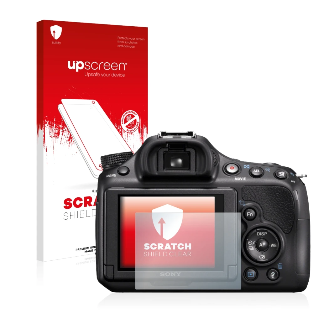 Parte frontale di una confezione del prodotto con il logo del marchio upscreen. Accanto è raffigurato il dispositivo Sony Alph
