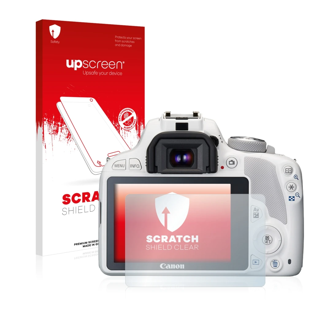 Parte frontale di una confezione del prodotto con il logo del marchio upscreen. Accanto è raffigurato il dispositivo Canon EOS