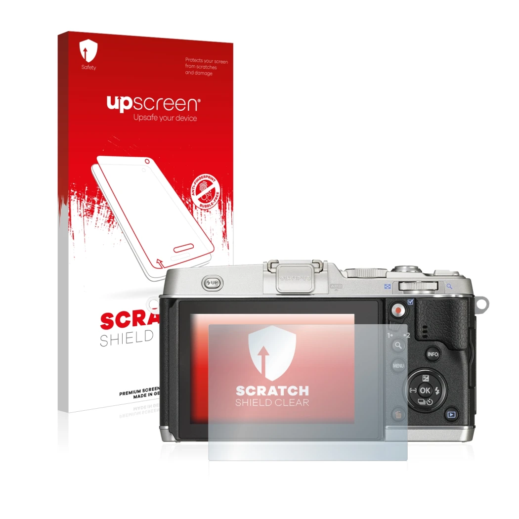 Parte frontale di una confezione del prodotto con il logo del marchio upscreen. Accanto è raffigurato il dispositivo Olympus P