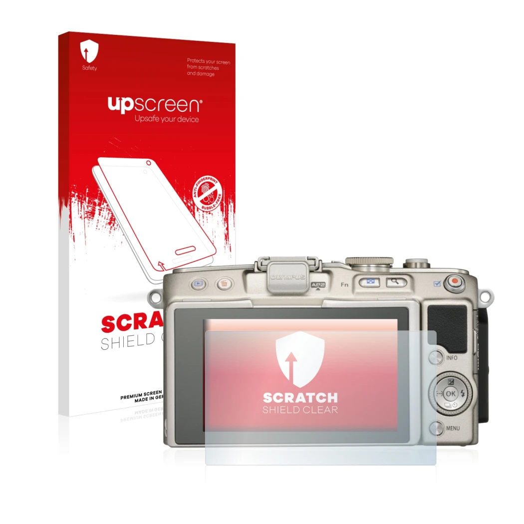 Parte frontale di una confezione del prodotto con il logo del marchio upscreen. Accanto è raffigurato il dispositivo Olympus P
