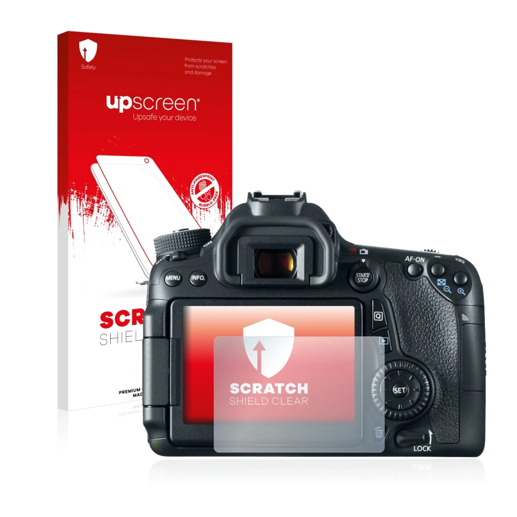 Parte frontale di una confezione del prodotto con il logo del marchio upscreen. Accanto è raffigurato il dispositivo Canon EOS