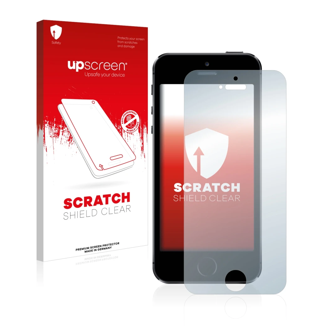 Parte frontale di una confezione del prodotto con il logo del marchio upscreen. Accanto è raffigurato il dispositivo Apple iPh