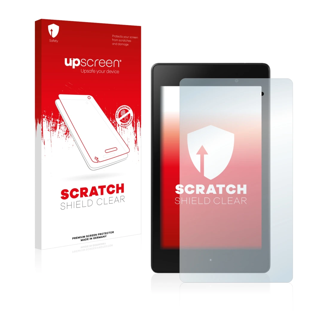Parte frontale di una confezione del prodotto con il logo del marchio upscreen. Accanto è raffigurato il dispositivo ASUS Nexu