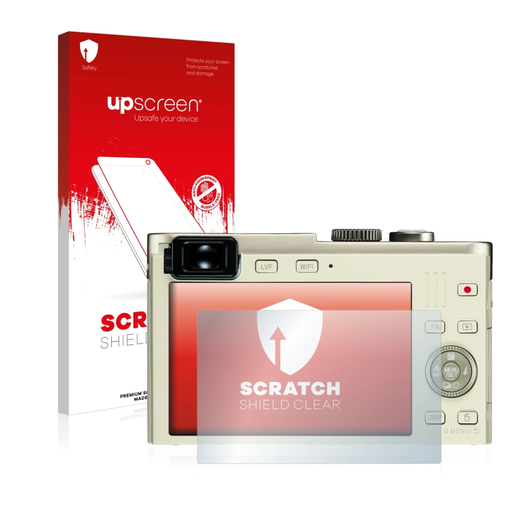 Parte frontale di una confezione del prodotto con il logo del marchio upscreen. Accanto è raffigurato il dispositivo Leica C (