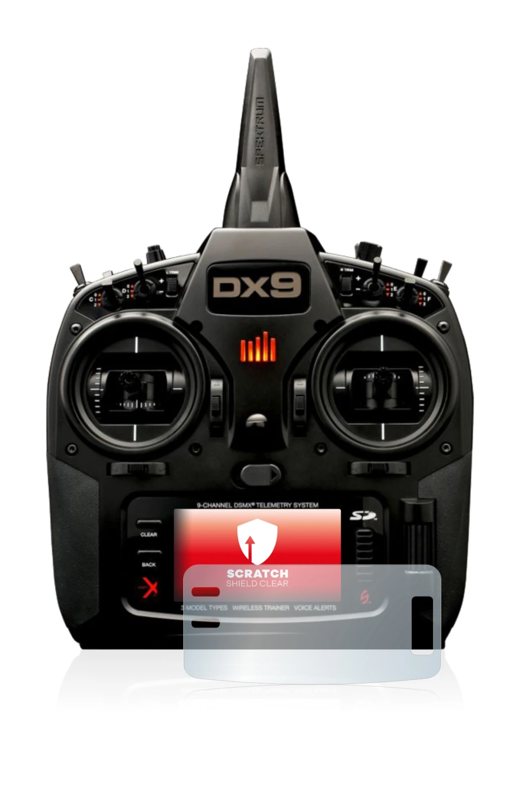 Immagine del dispositivo Spektrum DX9 con un'ampia varietà di protezioni per lo schermo.