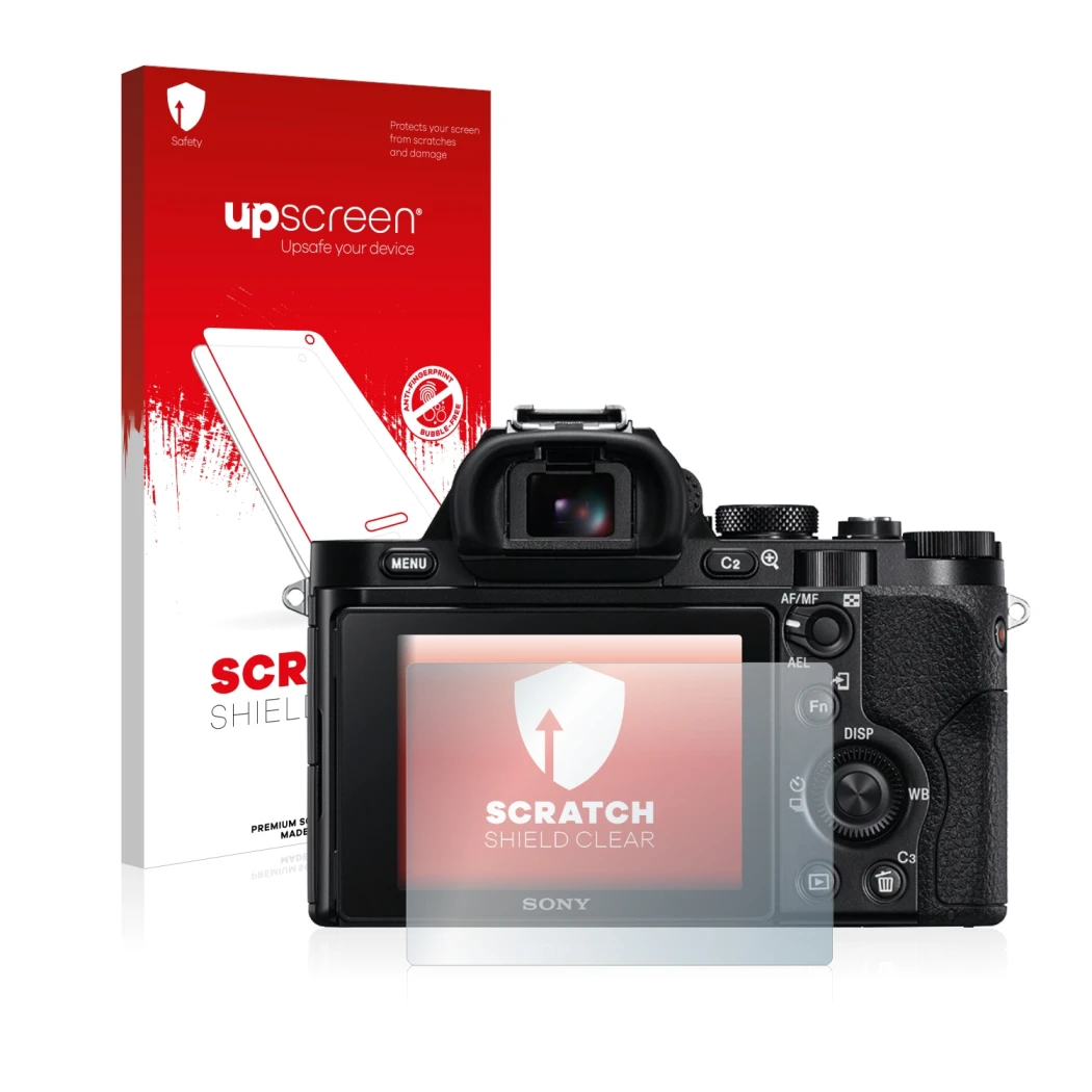 Parte frontale di una confezione del prodotto con il logo del marchio upscreen. Accanto è raffigurato il dispositivo Sony Alph
