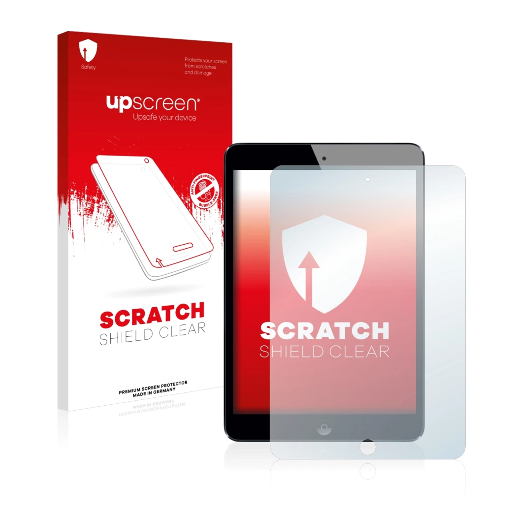 Parte frontale di una confezione del prodotto con il logo del marchio upscreen. Accanto è raffigurato il dispositivo Apple iPa