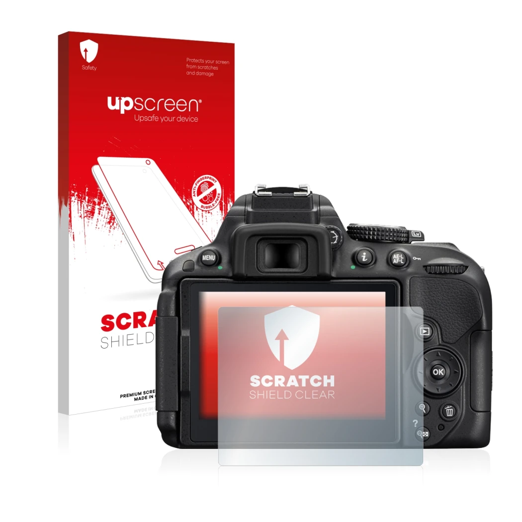 Parte frontale di una confezione del prodotto con il logo del marchio upscreen. Accanto è raffigurato il dispositivo Nikon D53