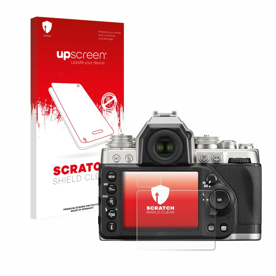 Parte frontale di una confezione del prodotto con il logo del marchio upscreen. Accanto è raffigurato il dispositivo Nikon Df