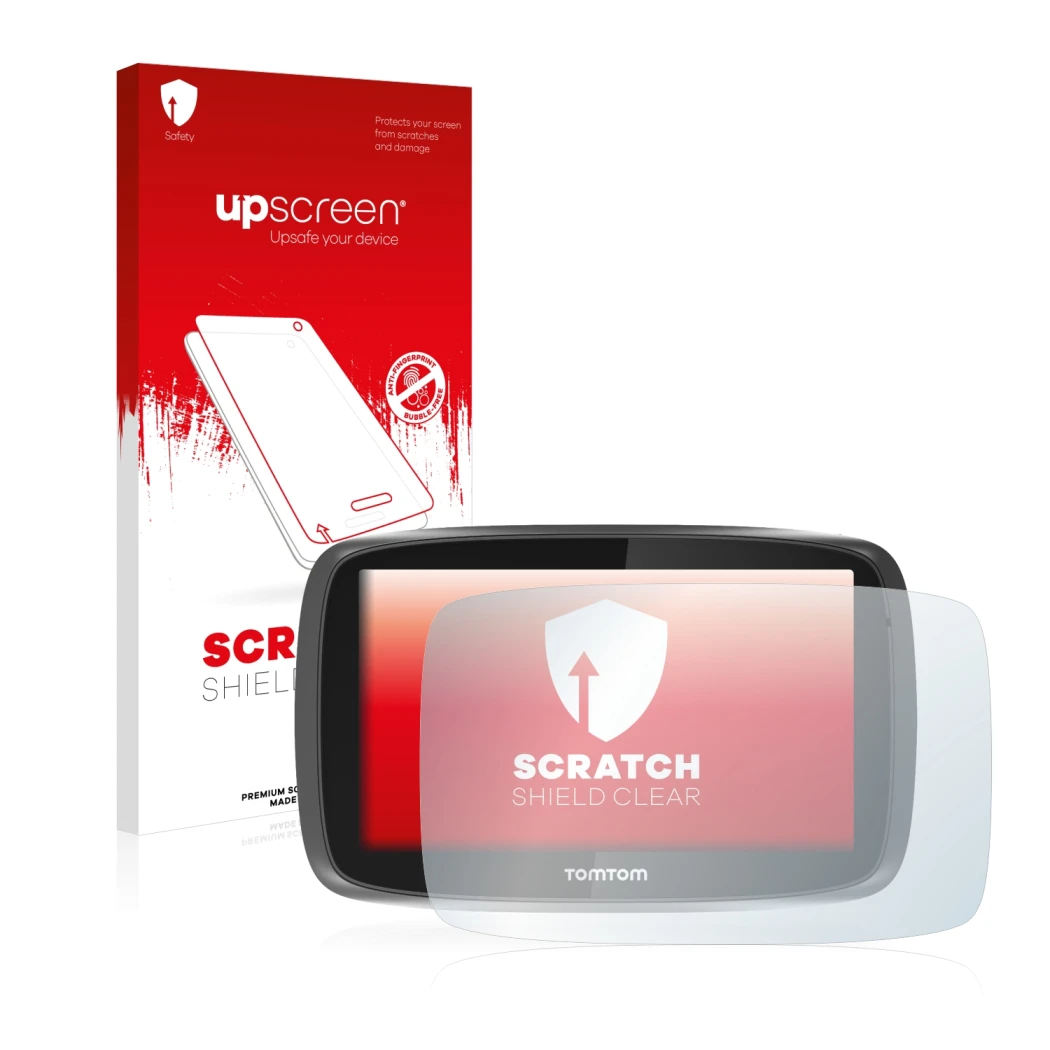 Parte frontale di una confezione del prodotto con il logo del marchio upscreen. Accanto è raffigurato il dispositivo TomTom GO