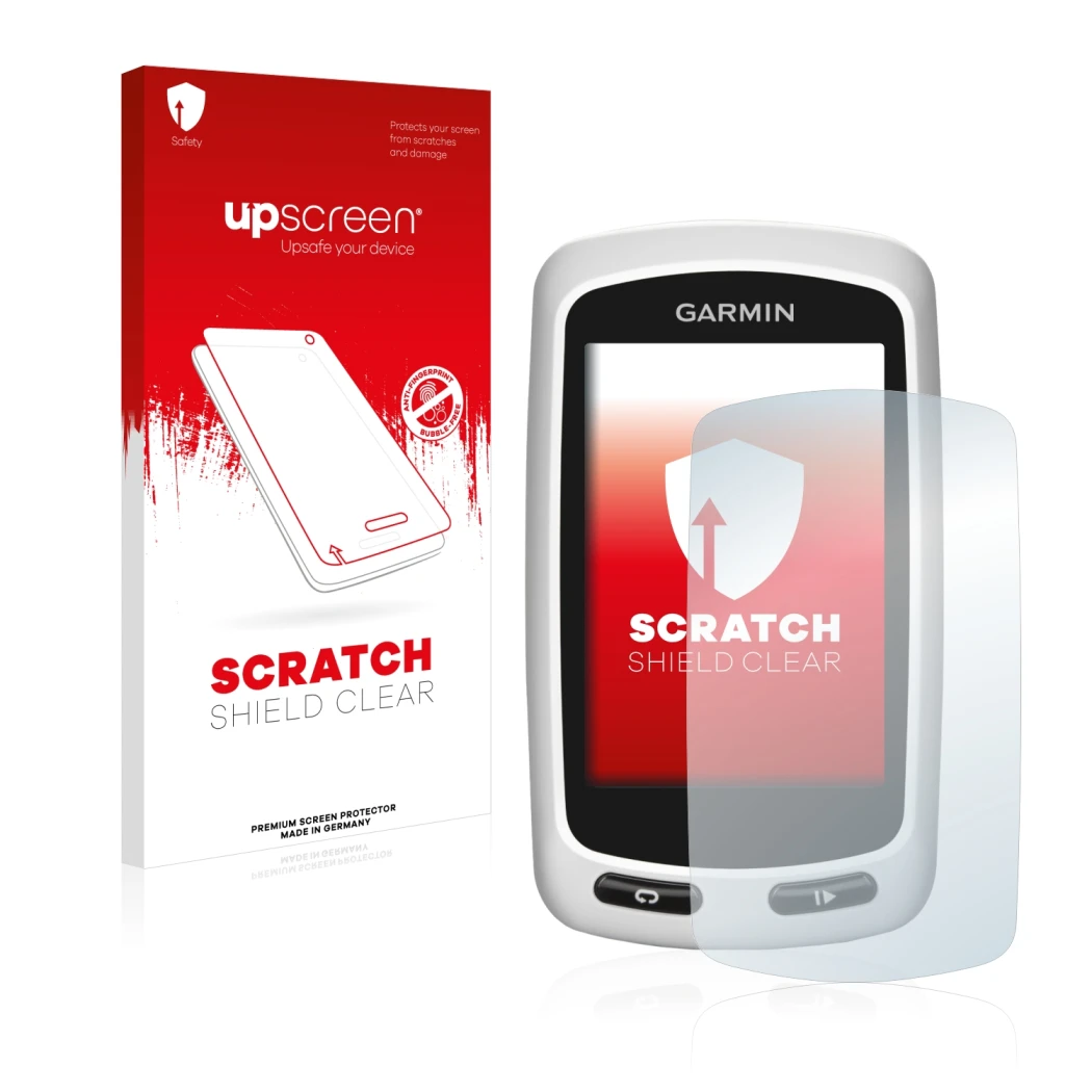 Parte frontale di una confezione del prodotto con il logo del marchio upscreen. Accanto è raffigurato il dispositivo Garmin Ed