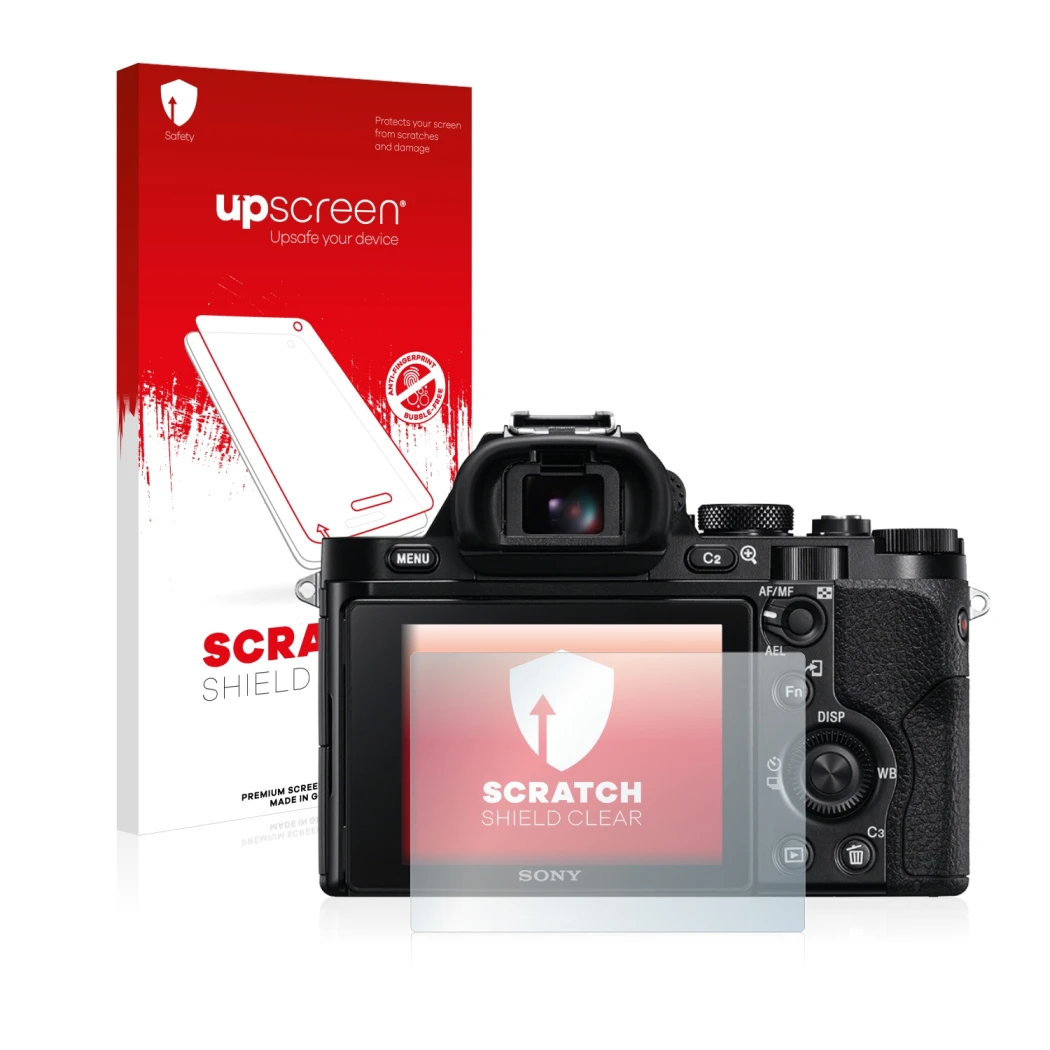 Parte frontale di una confezione del prodotto con il logo del marchio upscreen. Accanto è raffigurato il dispositivo Sony Alph