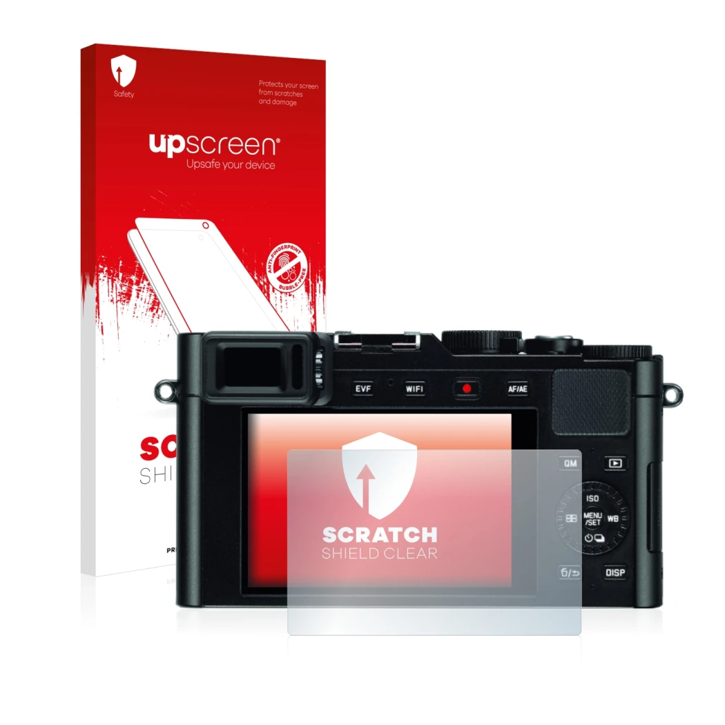 Parte frontale di una confezione del prodotto con il logo del marchio upscreen. Accanto è raffigurato il dispositivo Leica D-L