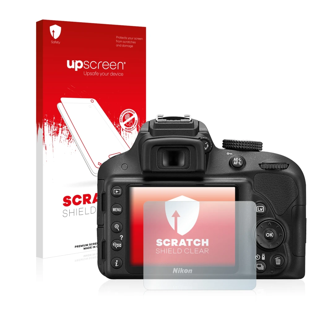 Parte frontale di una confezione del prodotto con il logo del marchio upscreen. Accanto è raffigurato il dispositivo Nikon D33
