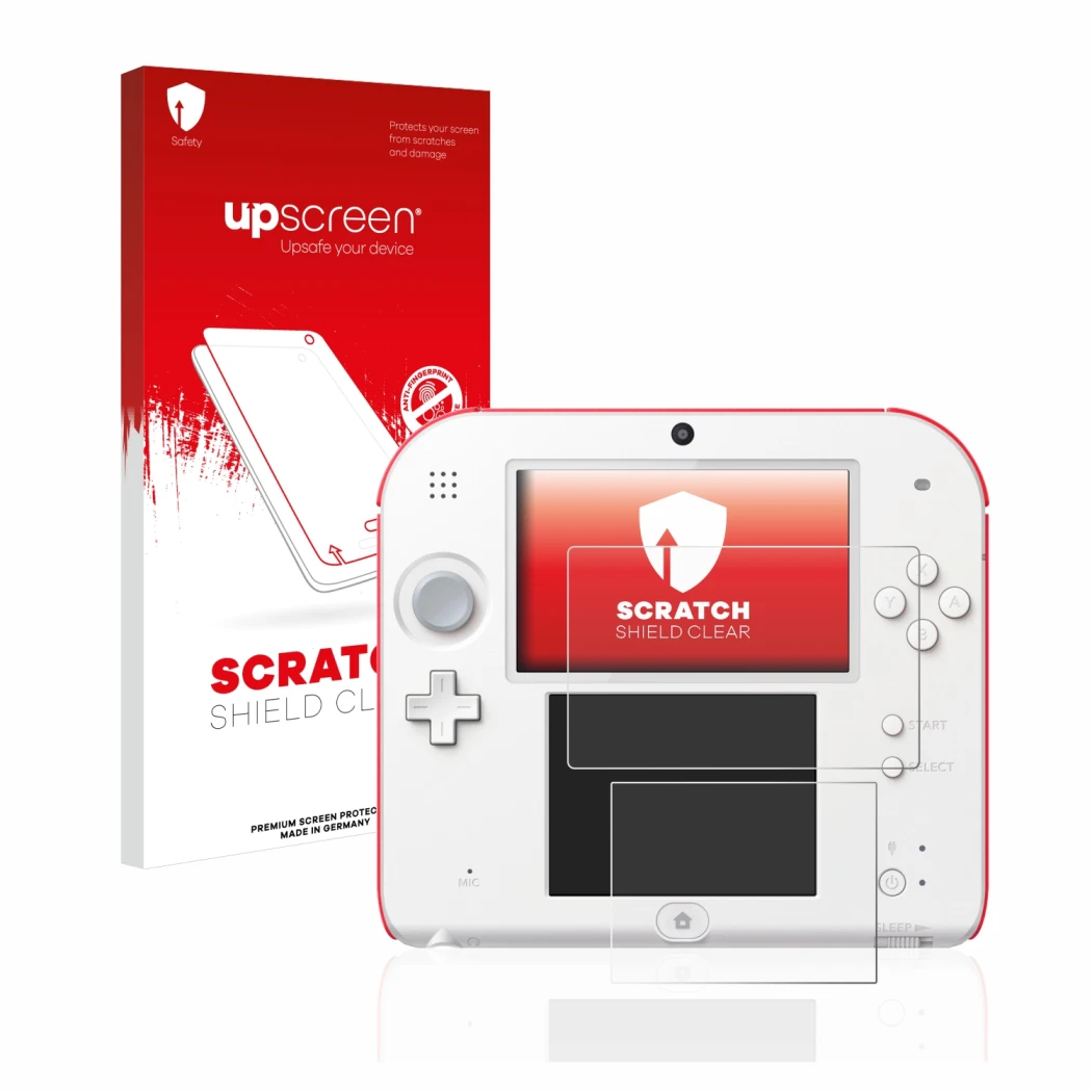 Parte frontale di una confezione del prodotto con il logo del marchio upscreen. Accanto è raffigurato il dispositivo Nintendo