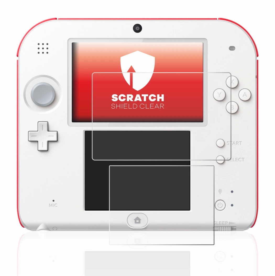 Immagine del dispositivo Nintendo 2DS con un'ampia varietà di protezioni per lo schermo.
