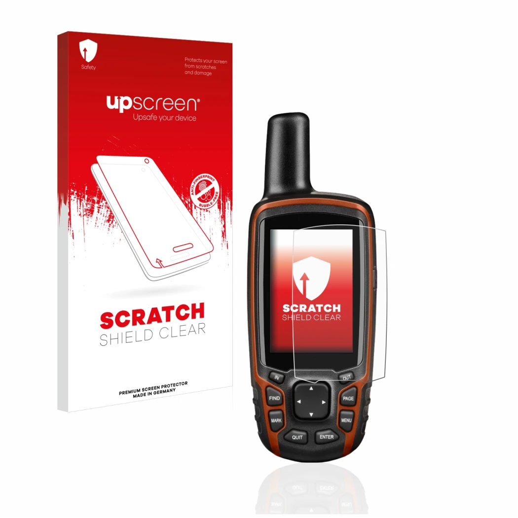 Parte frontale di una confezione del prodotto con il logo del marchio upscreen. Accanto è raffigurato il dispositivo Garmin GP