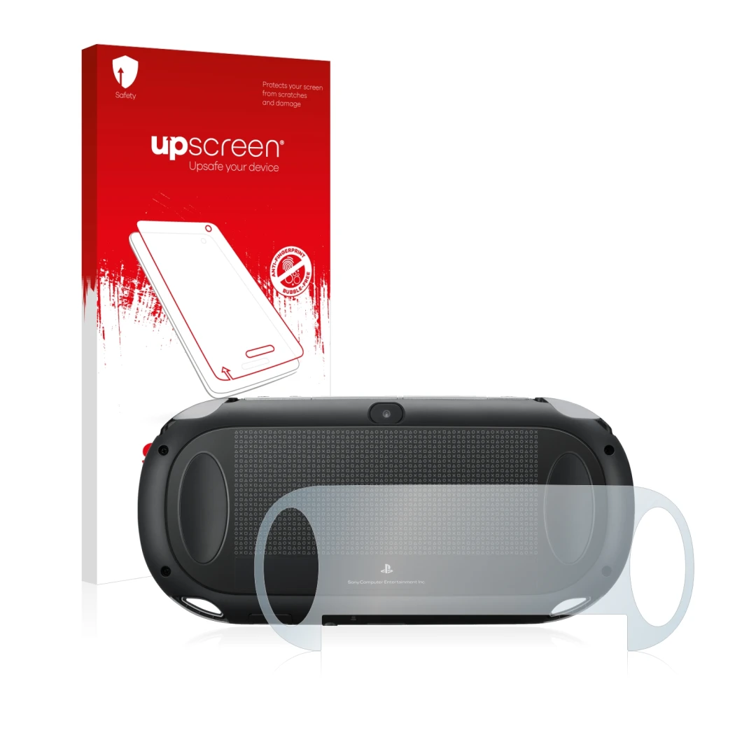 Parte frontale di una confezione del prodotto con il logo del marchio upscreen. Accanto è raffigurato il dispositivo Sony Play