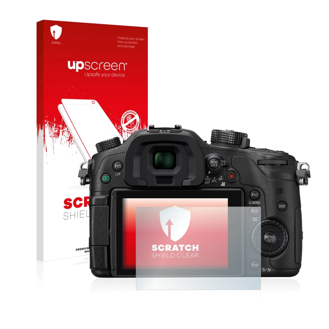 Parte frontale di una confezione del prodotto con il logo del marchio upscreen. Accanto è raffigurato il dispositivo Panasonic