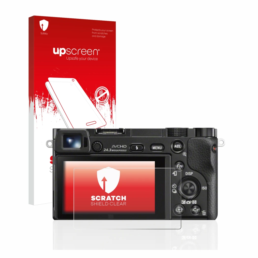 Parte frontale di una confezione del prodotto con il logo del marchio upscreen. Accanto è raffigurato il dispositivo Sony Alph