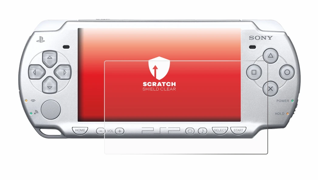 Immagine del dispositivo Sony PSP 2004 con un'ampia varietà di protezioni per lo schermo.