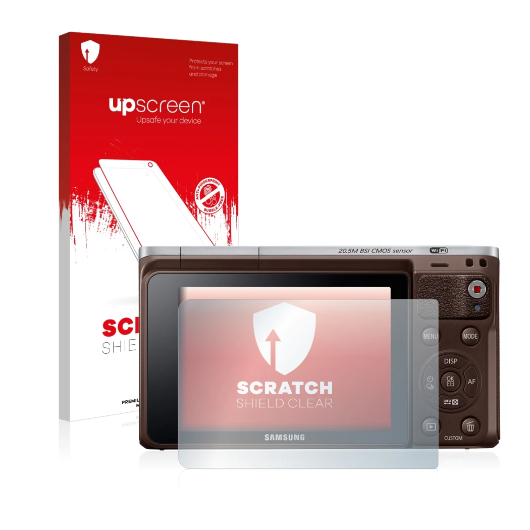 Parte frontale di una confezione del prodotto con il logo del marchio upscreen. Accanto è raffigurato il dispositivo Samsung N