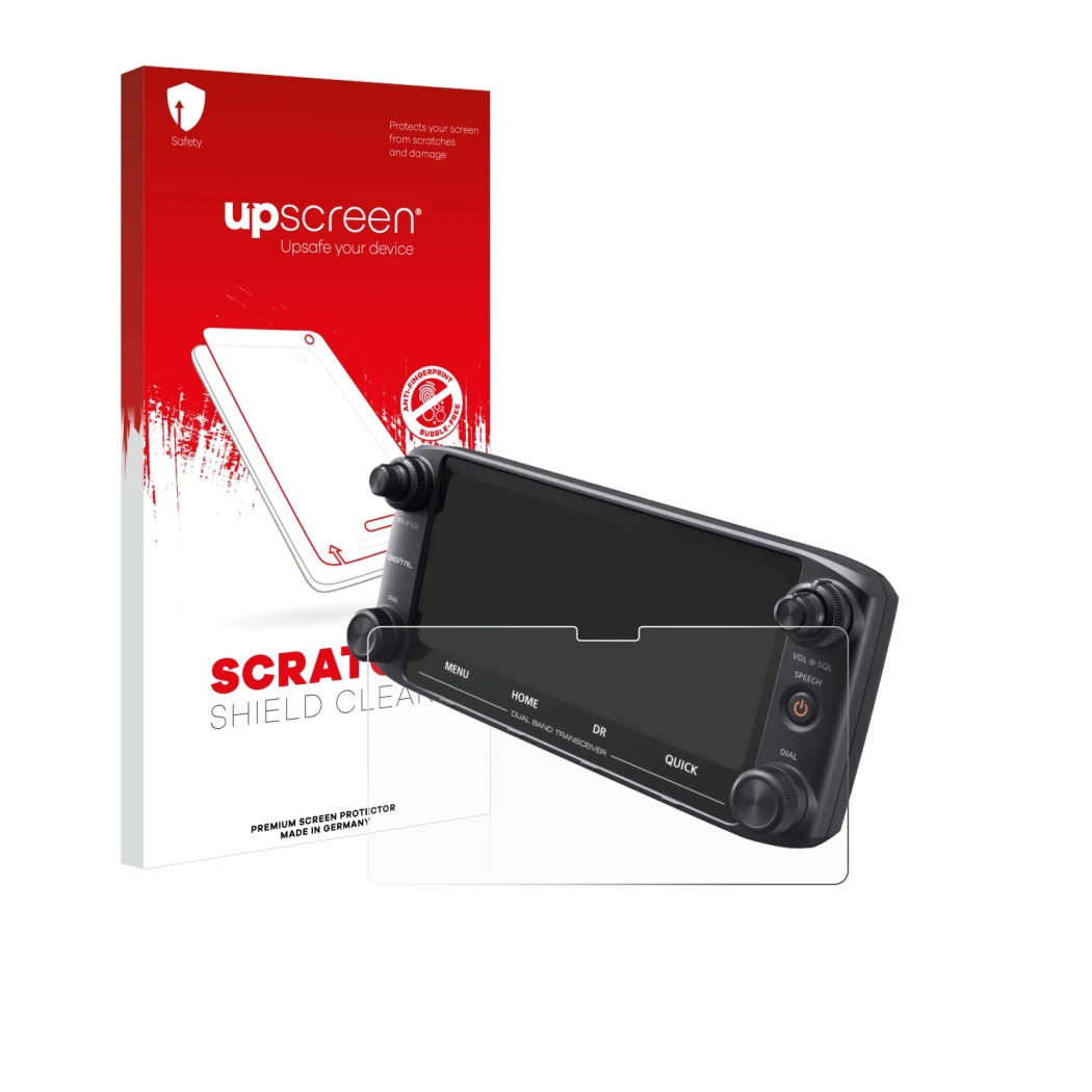Parte frontale di una confezione del prodotto con il logo del marchio upscreen. Accanto è raffigurato il dispositivo Icom ID-5