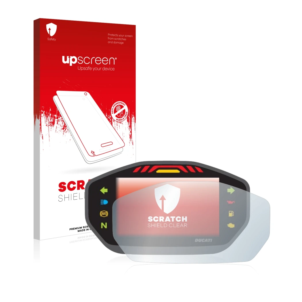 Parte frontale di una confezione del prodotto con il logo del marchio upscreen. Accanto è raffigurato il dispositivo Ducati Mo