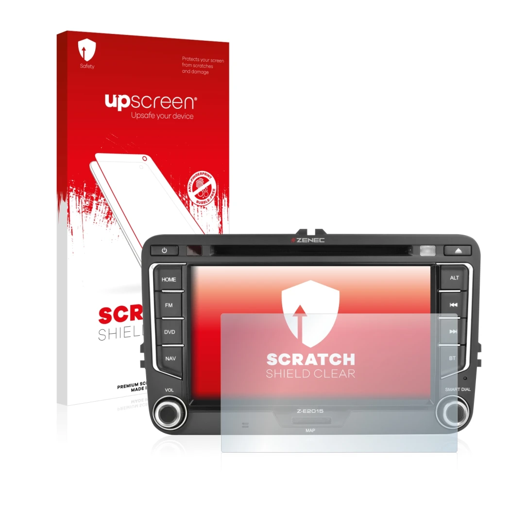 Parte frontale di una confezione del prodotto con il logo del marchio upscreen. Accanto è raffigurato il dispositivo Zenec Z-E