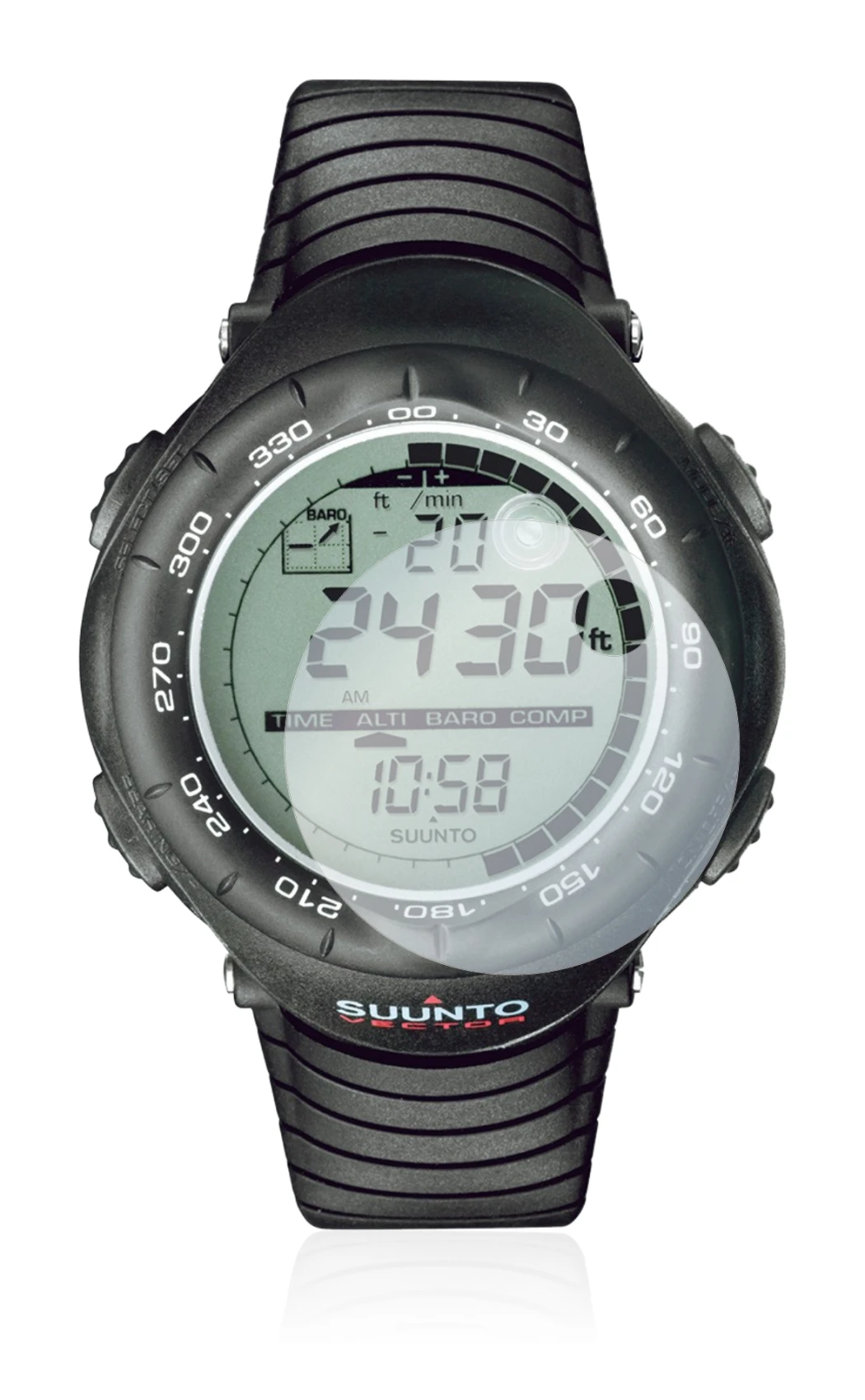 Immagine del dispositivo Suunto Vector Black con un'ampia varietà di protezioni per lo schermo.